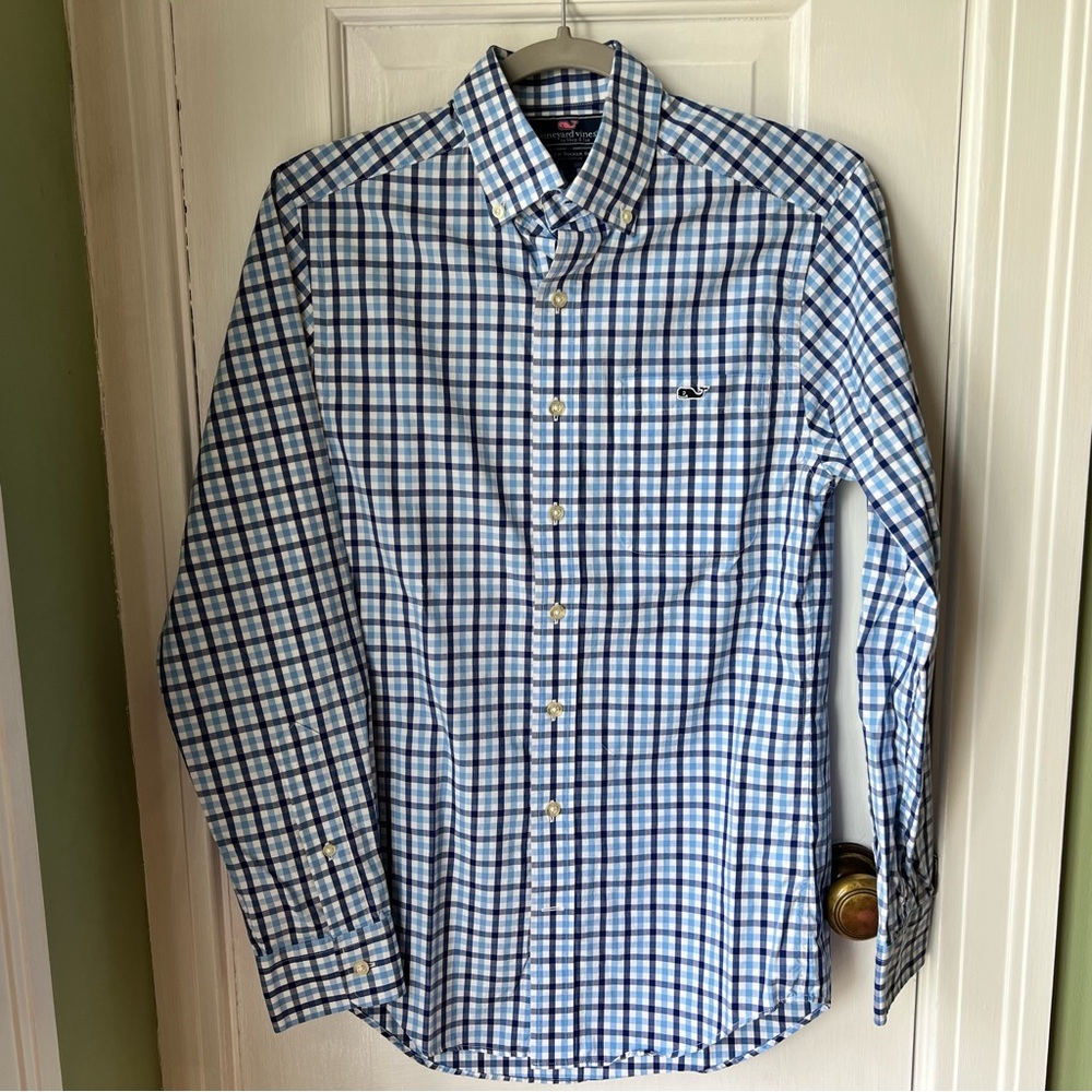 VINEYARD VINES MEN’s Slim Fit Tucker Shirt Blue White Plaid Size XS or Youth XL